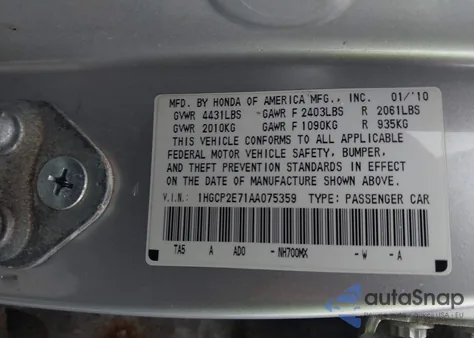 2010 Honda Accord 2.4 Ex from USA, damaged, VIN 1HGCP2E71AA075359